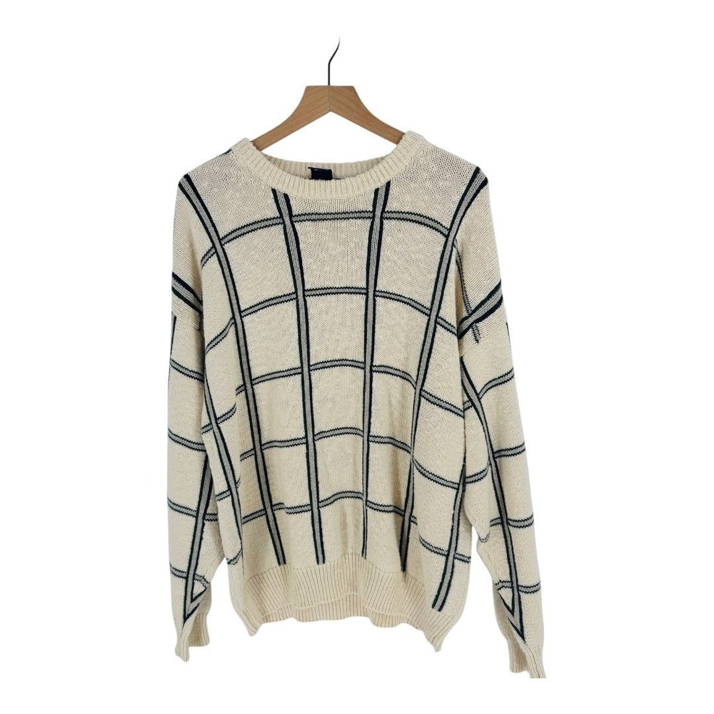 Vintage Gant Rugger Windowpane Grid Knit Cotton Sweater Size L Large
